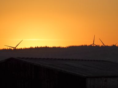 Wind turbines behind a forest silhouette at sunset with a dark barn roof in the foreground