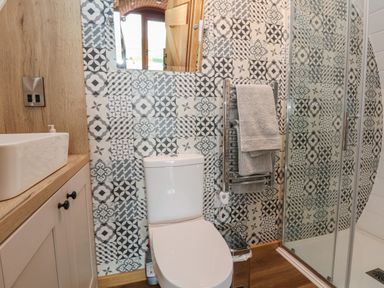 A bathroom with a toilet sink cabinet towel rack and glass shower enclosure at Cae Bach in Cyffylliog near Ruthin