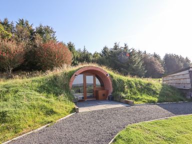 An underground house entrance with glass doors and a brick arch surrounded by grass and trees at Cae Bach in Cyffylliog near Ruthin
