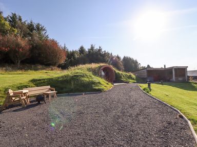 A gravel pathway leading to a grass-covered hobbit-style house with wooden benches and a fire pit in a grassy yard at Cae Bach in Cyffylliog near Ruthin
