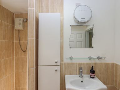 A bathroom with a shower area a tall white cabinet a small sink a glass shelf a decorative mirror and an air purifier at Florences Nest in Dartmouth