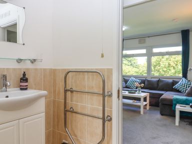 A bathroom with a sink a mirror and a towel rack next to a living room with a sofa cushions a coffee table and large windows at Florences Nest in Dartmouth
