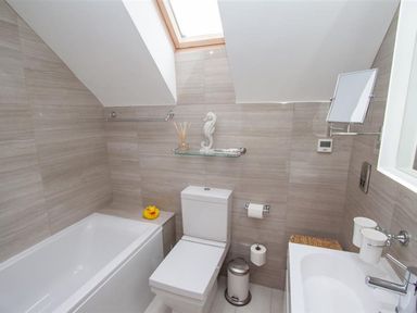 A bathroom with a bathtub toilet sink mirror and skylight at The Arthouse in Ambleside
