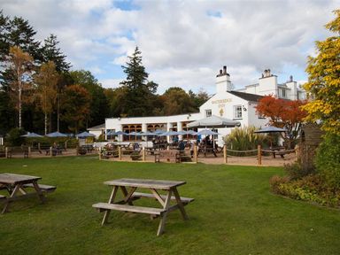 A building with outdoor seating and umbrellas surrounded by trees and lawn at Wateredge Inn