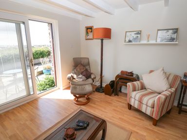 A living room with a brown leather chair and striped armchair next to a floor lamp and glass door at Carreg Ddu in Solva