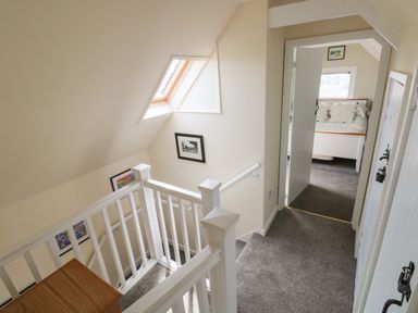 A carpeted stairway with white wooden railings leading to a hallway with doors and a bedroom visible at the end at Carreg Ddu in Solva