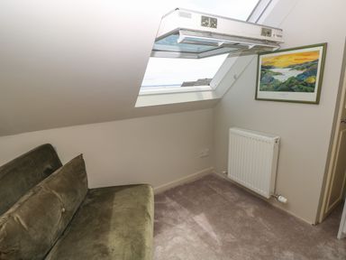 A small room with a green sofa under a slanted ceiling window next to a radiator and a framed picture at Carreg Ddu in Solva