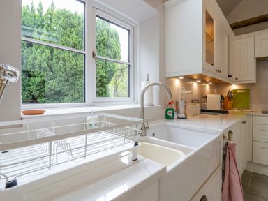 A kitchen sink area with a drying rack dish soap blender and coffee machine at West View in Feltwell