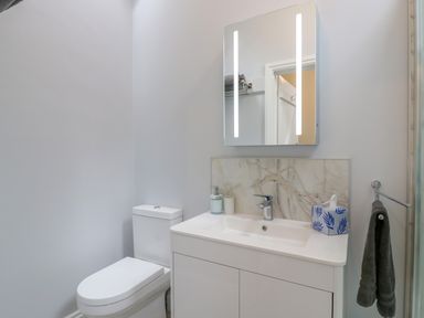 A bathroom with a toilet, a sink with a cabinet, a mirror with lights, a hand towel, and a tissue box at West View in Feltwell