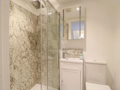 A bathroom with a glass shower enclosure a sink with cabinet a mirror and a toilet at West View in Feltwell