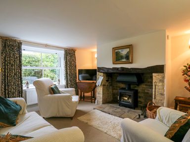A living room with armchairs a fireplace a television and patterned curtains at West View in Feltwell