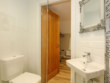 A bathroom with a toilet a sink a mirror and a wooden door at Daisys Place in South Creake near Little Walsingham