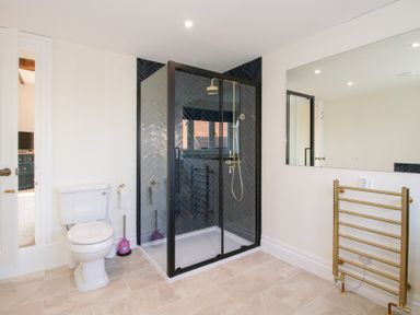 A bathroom with a toilet, a glass shower enclosure, a towel heater, and a large mirror at Daniels Farmhouse in Claines