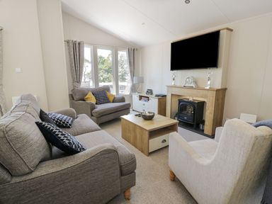 A living room with couches coffee table fireplace and wall mounted TV at Bethany's Retreat in Wemyss Bay