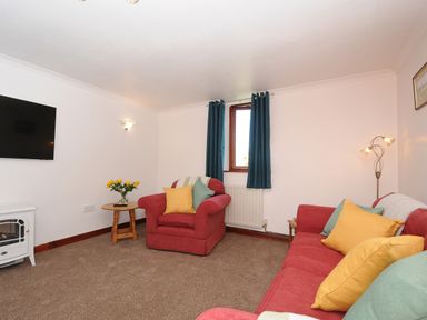 A living room with red armchairs yellow and green pillows a small wooden table with flowers and a wall mounted television at West Lee in Bude