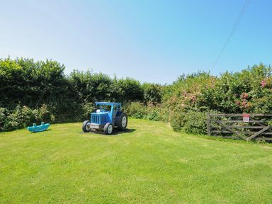 A grassy outdoor area with a blue tractor play structure and a wooden gate with bushes in the background at West Lee in Bude