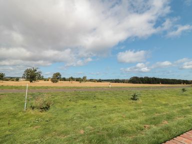A grassy field with small trees and a road beyond it under a cloudy sky at Curlew Cottage near Filey
