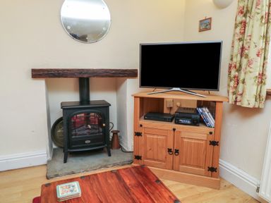 A living room with a fireplace and TV unit at Bridge Cottage Budleigh Salterton