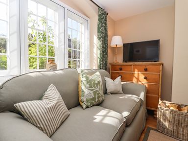 A living room with a gray sofa and striped and floral cushions a wooden chest of drawers with a TV and lamp and a basket with firewood at The Alms House East in Forthampton near Tewkesbury