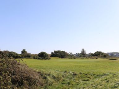 A golf course green with a flagstick surrounded by bushes and grass at The Warren M45 in Abersoch