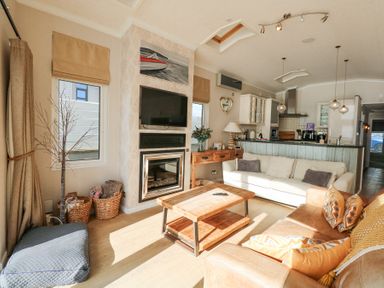 A living room with a wooden coffee table two sofas a wall-mounted TV and fireplace at The Warren M45 in Abersoch
