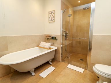 A bathroom with a freestanding bathtub a glass shower enclosure and a toilet at Ivy Cottage in Colerne