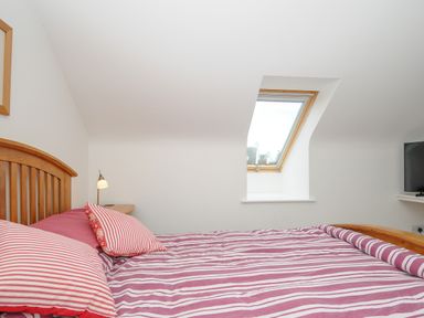 A bedroom with a wooden bed with striped bedding a small side table with a lamp and a skylight window at Bryher in Trebetherick near Polzeath