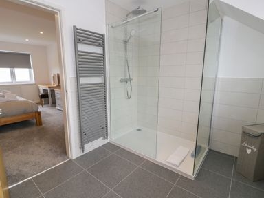 A bathroom with a walk-in glass shower, towel radiator, and laundry basket next to a carpeted bedroom at Melin Y Plas in Llanaber