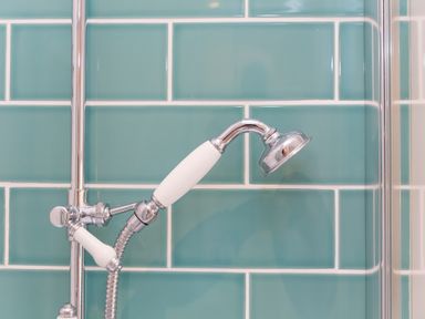 A close up of a shower head with green tiled wall at Rowena in Mullion