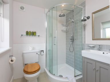 A bathroom with a toilet with wooden seat a curved glass shower and a sink with a mirror at Verity in Mullion