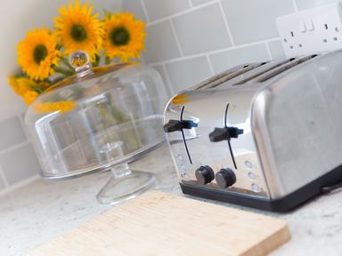 A kitchen counter with a stainless steel toaster a glass cake stand and sunflowers in a vase at Daphne Mullion