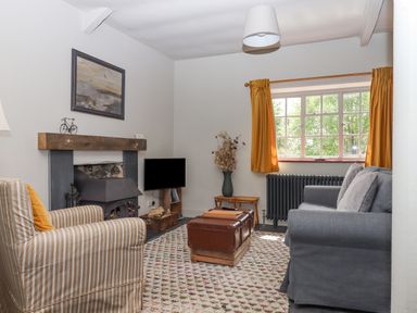 A living room with a striped armchair a gray sofa a wooden fireplace a window with yellow curtains and a patterned rug at Hole Farm Stables in Bickington near Ashburton