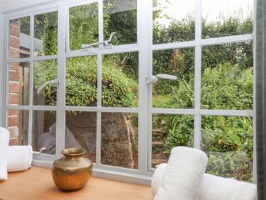 A window with white frames overlooking a garden with green plants and stone steps at Hole Farm Stables Bickington near Ashburton