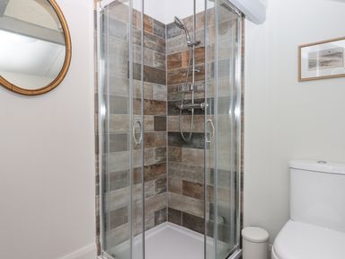 A bathroom with a glass shower enclosure featuring wood-style tiles a toilet a round mirror and a framed picture at Hole Farm Stables Bickington near Ashburton