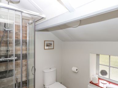 A bathroom with a shower enclosure toilet a small window with a red sill and a framed picture on the wall at Hole Farm Stables Bickington near Ashburton