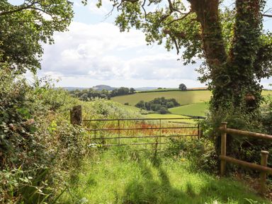 A countryside view through a metal gate with grassy path and trees at Hole Farm Stables Bickington near Ashburton