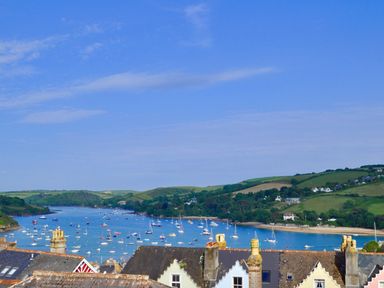 A coastal view with boats on water and houses with chimneys in the foreground at Leylands in Salcombe