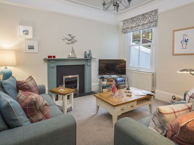 A living room with blue sofas, coffee table, fireplace, TV, and window at Leylands in Salcombe