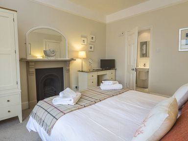 A bedroom with a bed, a checkered blanket, a fireplace, a wardrobe, a desk with a TV and a lamp at Leylands in Salcombe