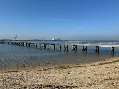 A wooden pier extending over calm water with a sandy beach in the foreground and a large ship in the distance at Inishnee House in Shotley Gate