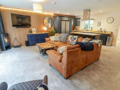 An open living room and kitchen with a brown leather sectional sofa a wooden coffee table a blue cabinet wall-mounted TV and a fireplace at The Grove in Wolfsdale near Haverfordwest