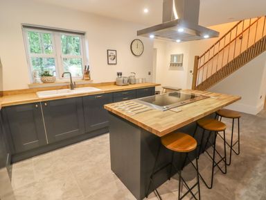 A kitchen with wooden countertops and stools near an island with a stovetop at The Grove in Wolfsdale near Haverfordwest