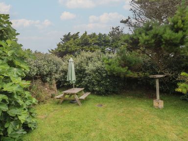 A garden with a picnic table and an umbrella at Horseshoe Cottage near Holywell Bay