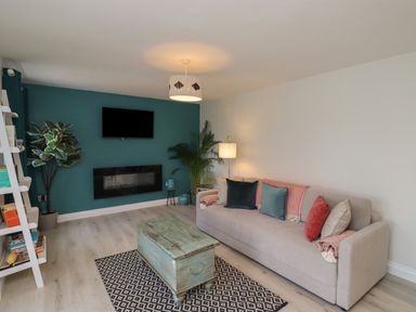A living room with a sofa cushions coffee table TV and plants at Villa Rose Beadnell near Seahouses