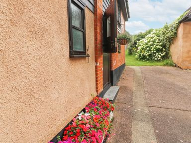 An exterior side of a house with open door red brick wall a window hanging basket and flowers along the pathway at Ixworth Cottage in Little Woodford near Ottery St Mary