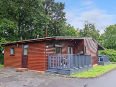A wooden cabin with a small porch and outdoor seating surrounded by trees and grass at Ramson in Saltburn-By-The-Sea