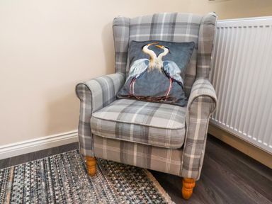 A plaid upholstered armchair with wooden legs and a cushion with two birds on it in a room with a carpet and radiator at Ramson in Saltburn-By-The-Sea