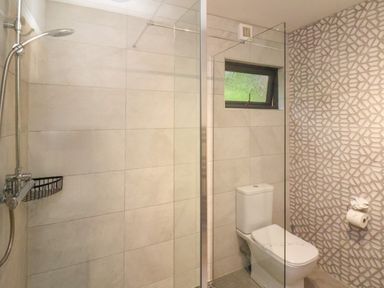 A bathroom with a shower area a toilet and a small window at Ramson in Saltburn-By-The-Sea