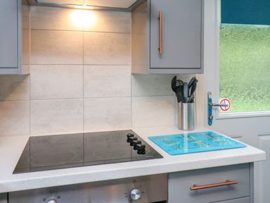 A kitchen countertop with an electric stovetop a utensil holder with cooking tools and a blue cutting board next to a door at Ramson in Saltburn-By-The-Sea