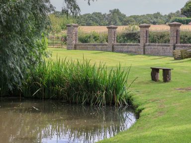 A garden with a pond tall grass stone fence and a wooden bench at Ramson in Saltburn-By-The-Sea
